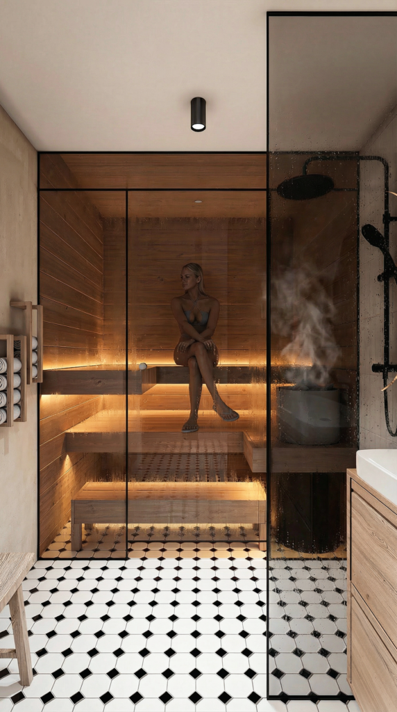 Hubane puidust saun sooja LED-valgustuse ja klaasseinaga, kodune spaa lahendus.